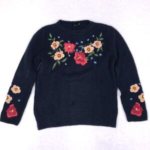 Cliche Navy Floral Embroidered Sweater Women's Large Boho Cottagecore Pullover